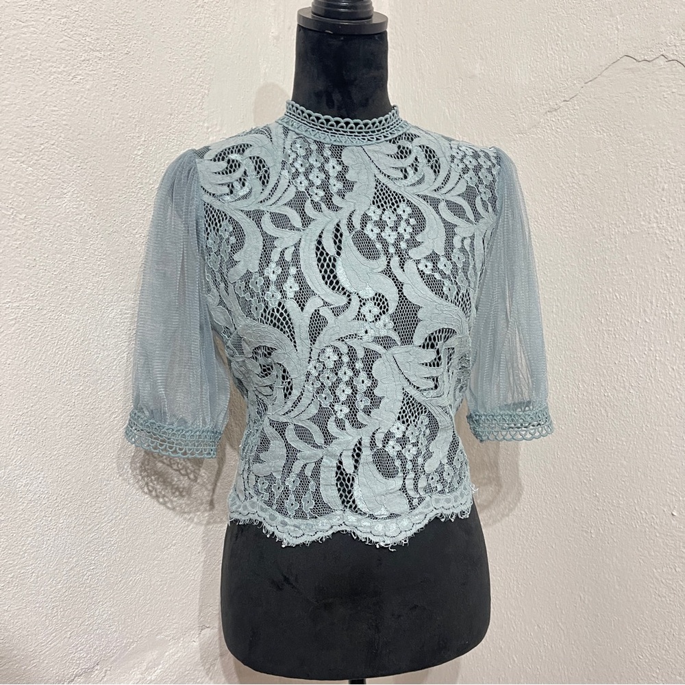 Mesh Puffed Sleeve Light Blue Blouse